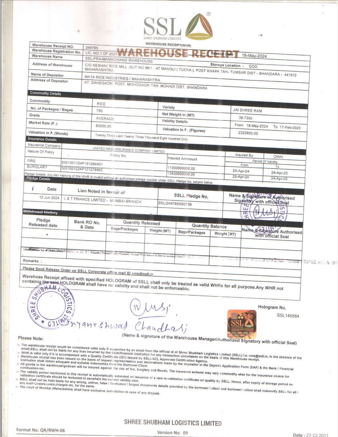 Sample warehouse receipt document for OCR processing